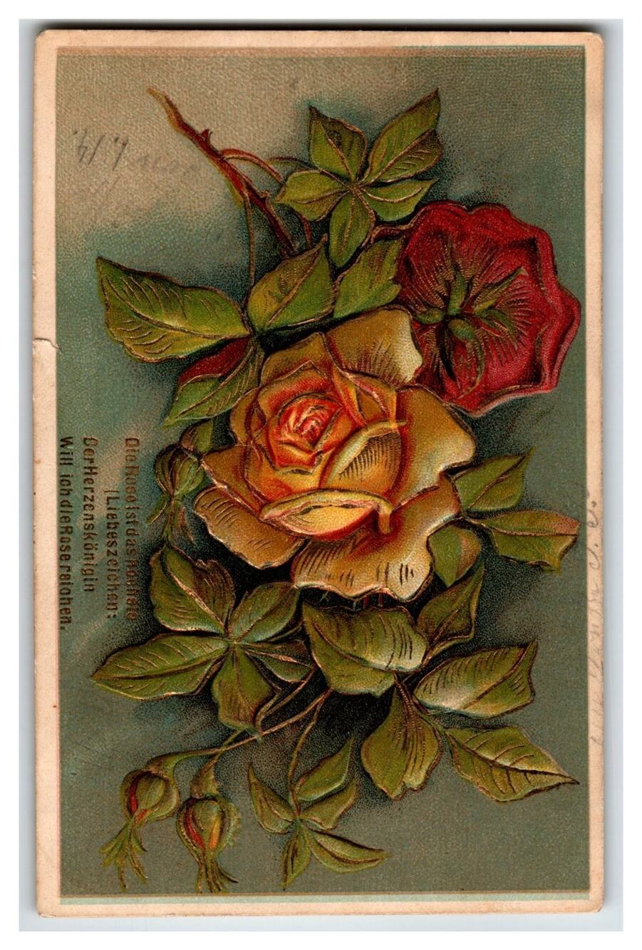 Embossed Yellow & Red Roses Birthday Postcard - German Text, Posted Hellas Stamp